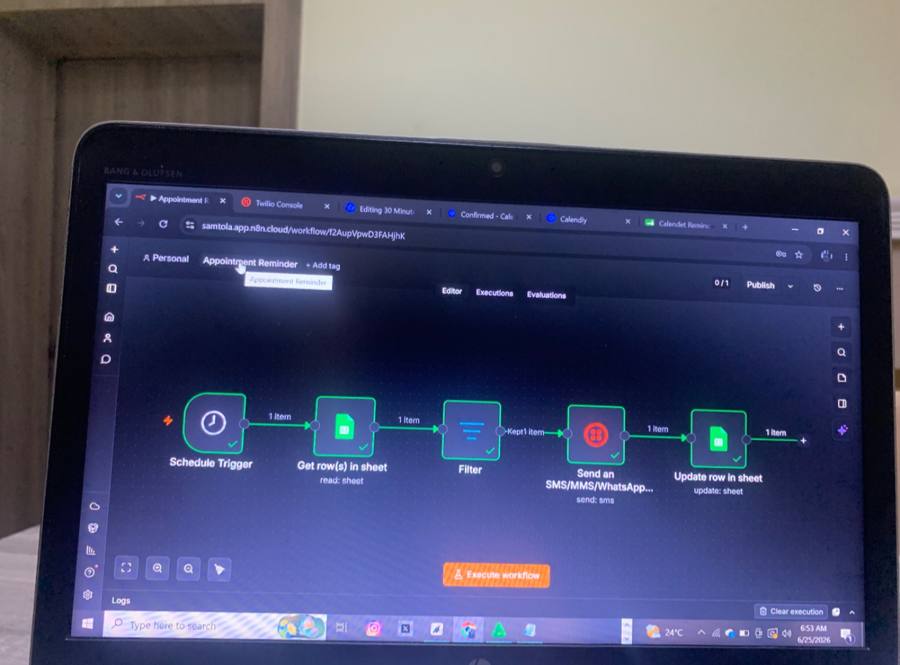 Appointment reminder n8n workflow from schedule trigger to WhatsApp send
