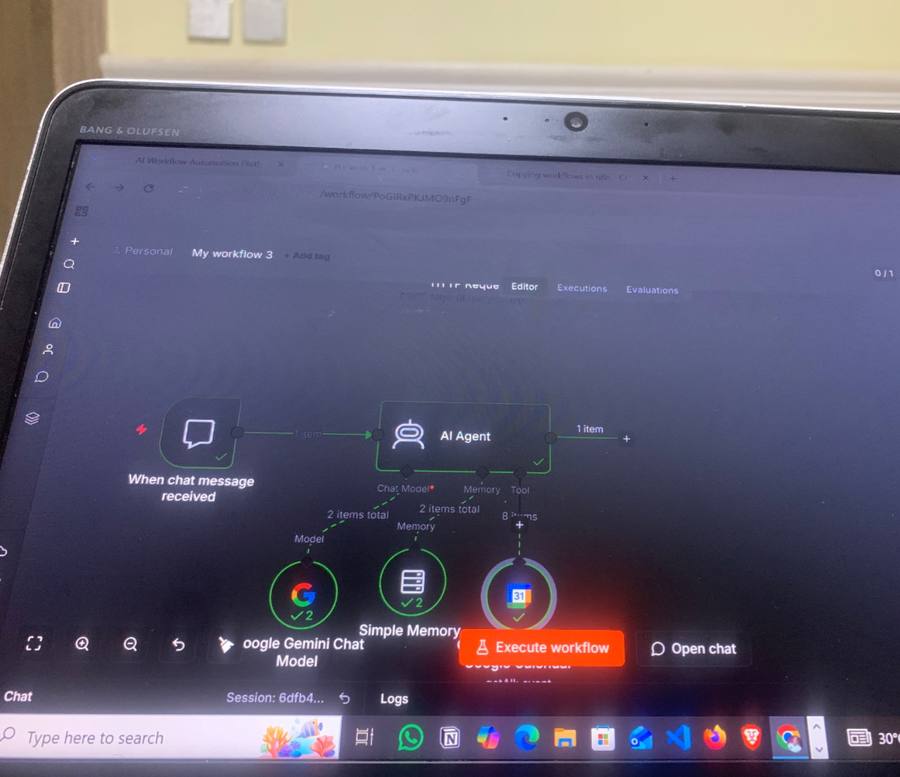 AI agent n8n workflow connected to Google Calendar and Gemini chat model