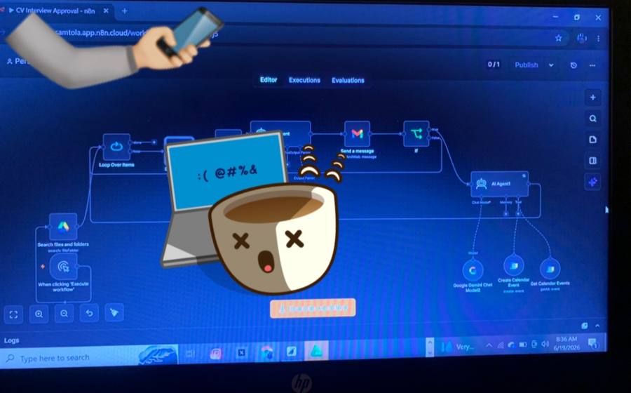 CV screening n8n workflow that loops candidate files and creates calendar events for approved ones
