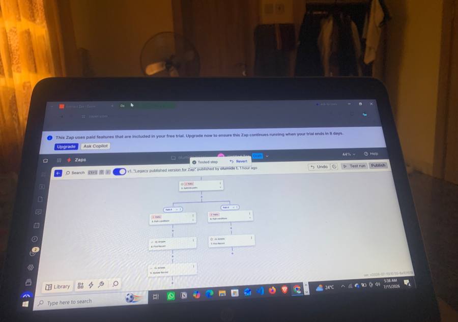 Driver tracker Zap in Zapier, showing split paths for order registration