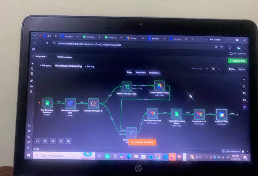HR onboarding n8n workflow branching from a new employee submission to folder creation, welcome email, and calendar event