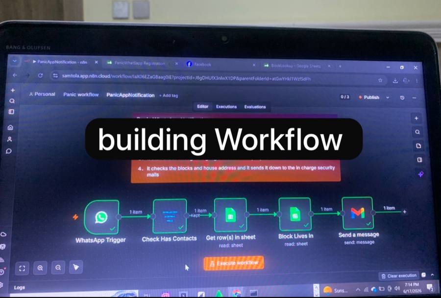 Panic App n8n workflow from WhatsApp trigger to alerting the in-charge security post