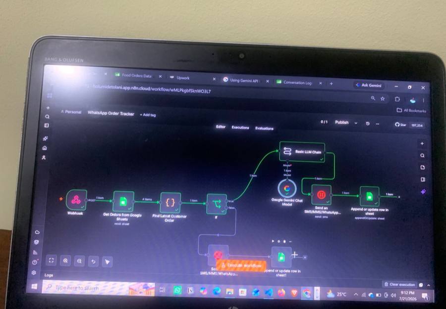 WhatsApp order tracker n8n workflow with a Gemini LLM chain replying to customers